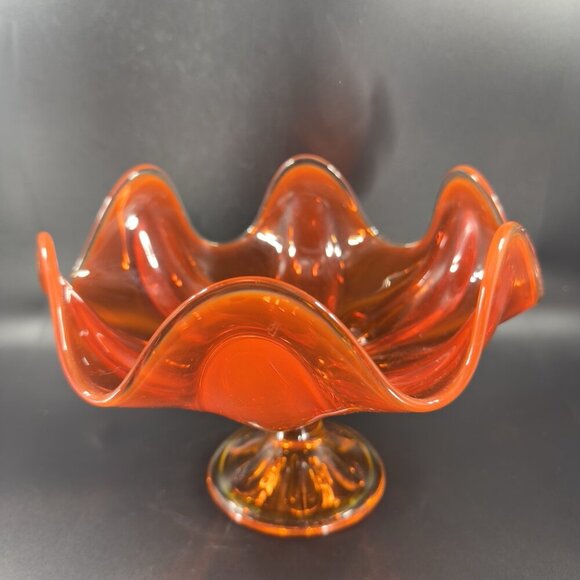 MCM Viking Glass Epic Line Footed Compote Dish Bowl Six Pedal Persimmon Glass - Picture 13 of 16